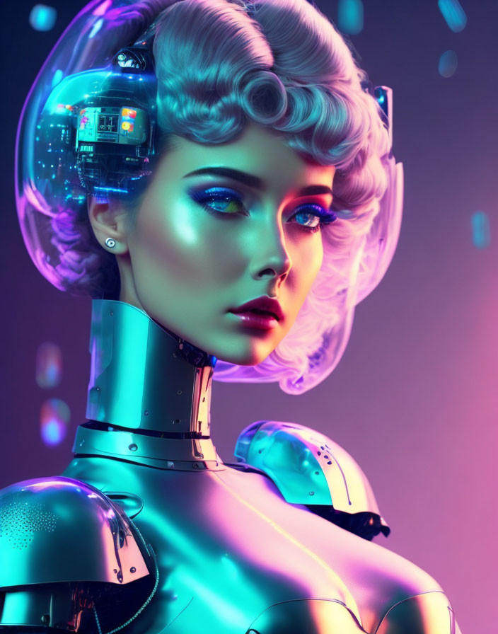 Futuristic female robot with visible head mechanism on neon-lit background