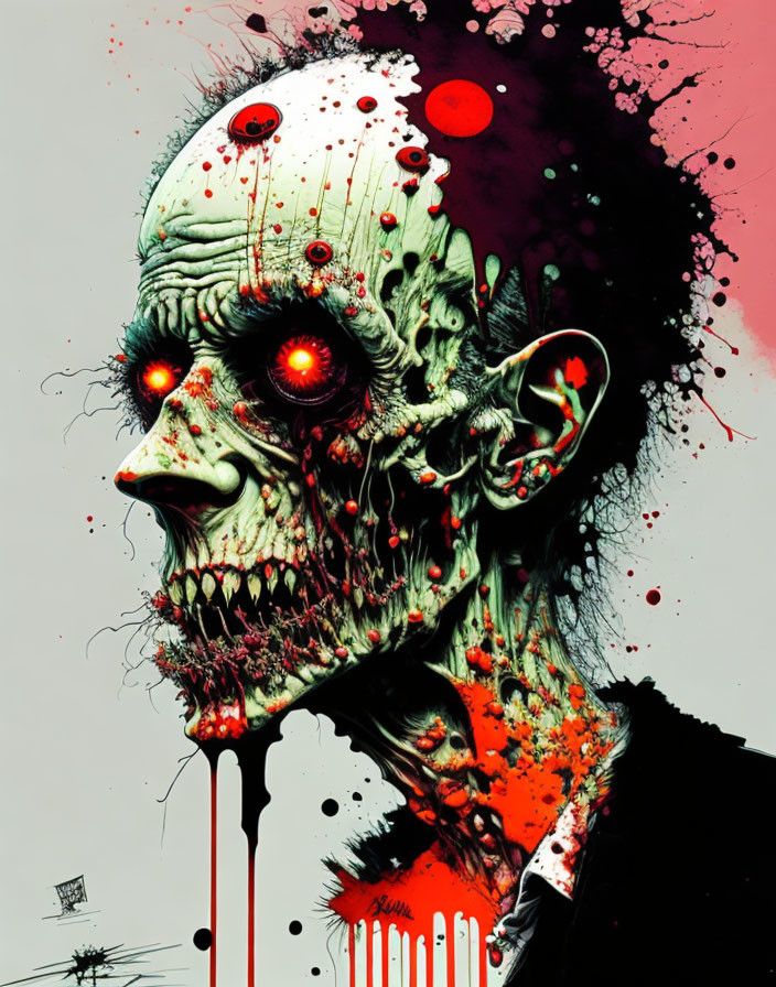 Zombie with glowing red eyes, green skin, blood splatters, and exposed teeth.