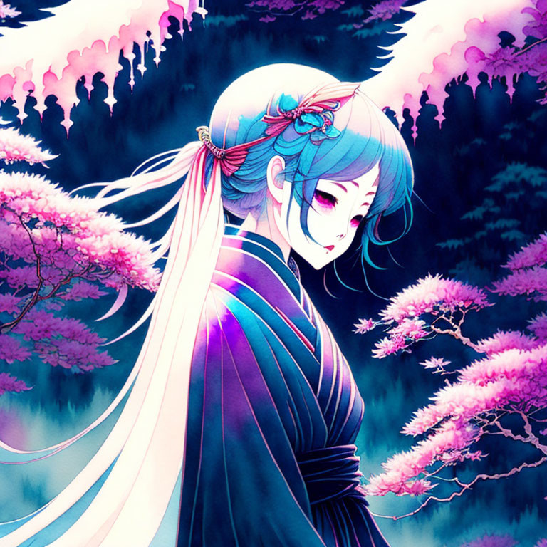 Blue-haired anime girl in traditional attire surrounded by pink cherry blossoms