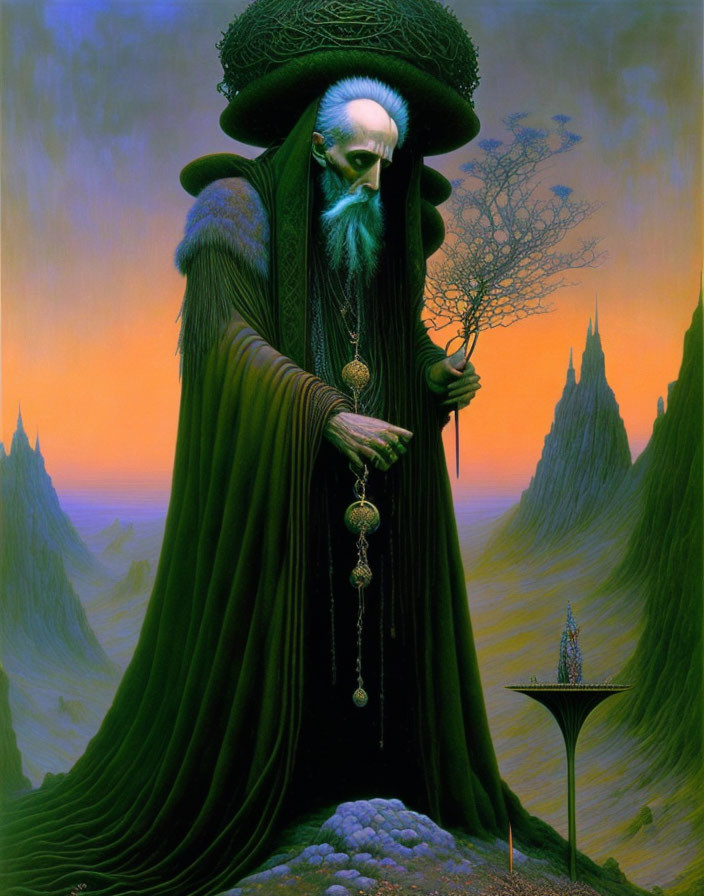 Bearded figure in robes with staff and pendant against mountain backdrop