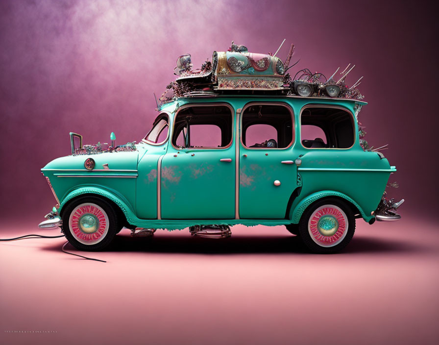 Vintage Turquoise Car with Eclectic Items on Roof Against Rose-Tinted Background