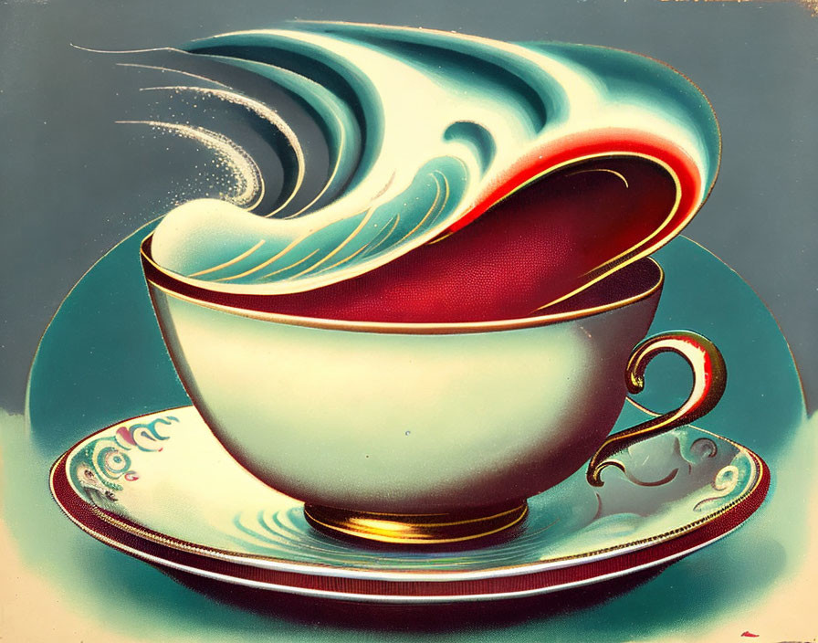 Vintage Red and Gold Teacup Illustration with Swirling Steam Pattern