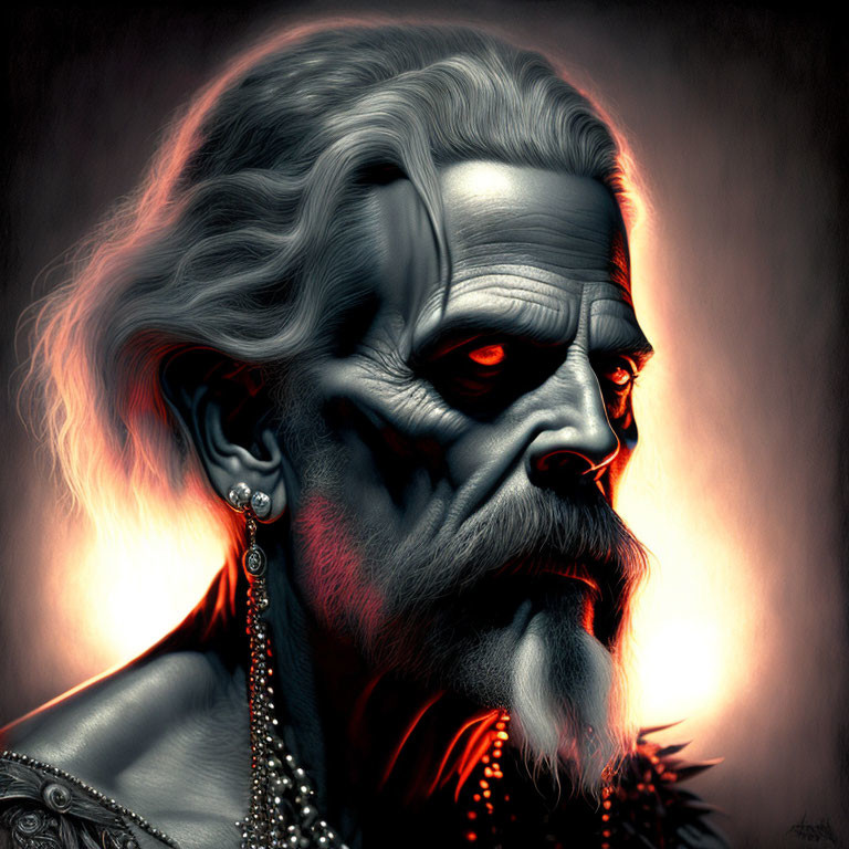 Elderly man digital artwork with red eyes and ornate clothing