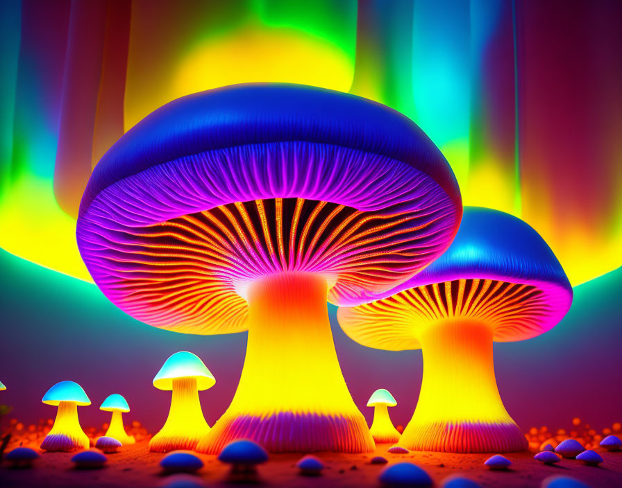 Colorful Neon Mushrooms on Psychedelic Aurora Borealis Background