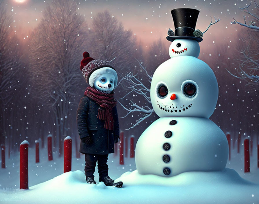 Child and snowman in winter scene with falling snowflakes