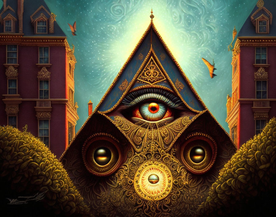 Surreal Artwork: Large Eye in Triangular Structure with Ornate Patterns and Birds