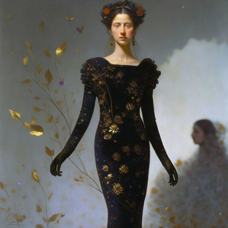 Woman in elegant black dress with gold floral accents surrounded by floating golden leaves.