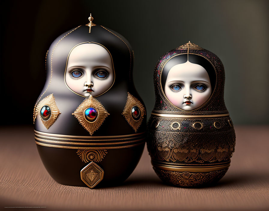 Ornate matryoshka dolls with golden patterns and jewels on soft background