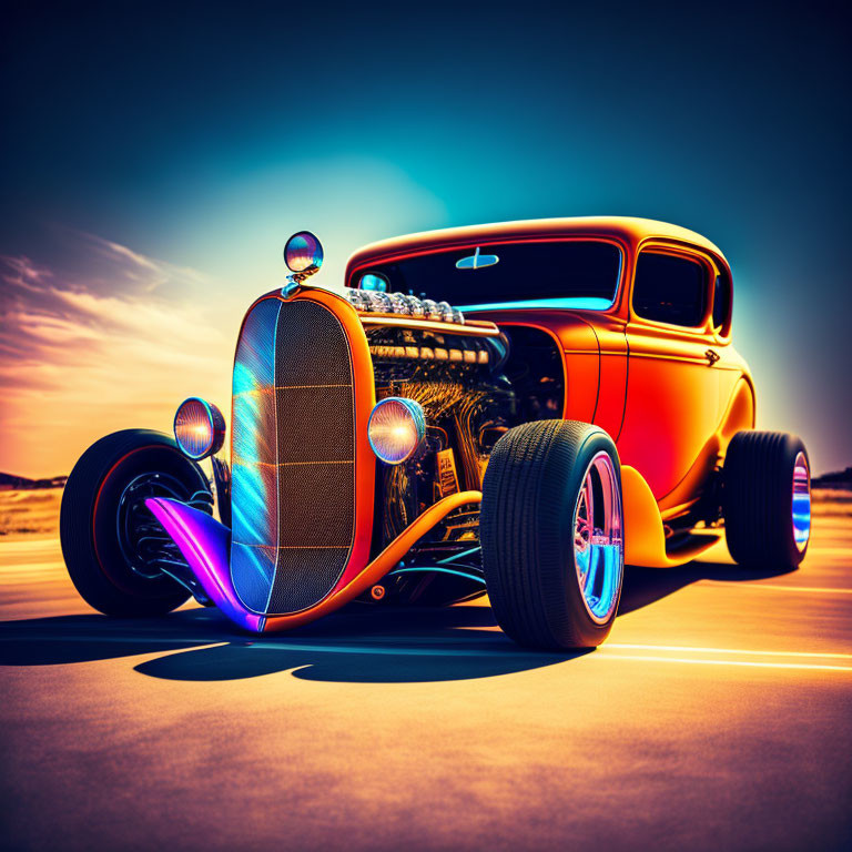 Stylized image: Vibrant classic hot rod under sunset sky