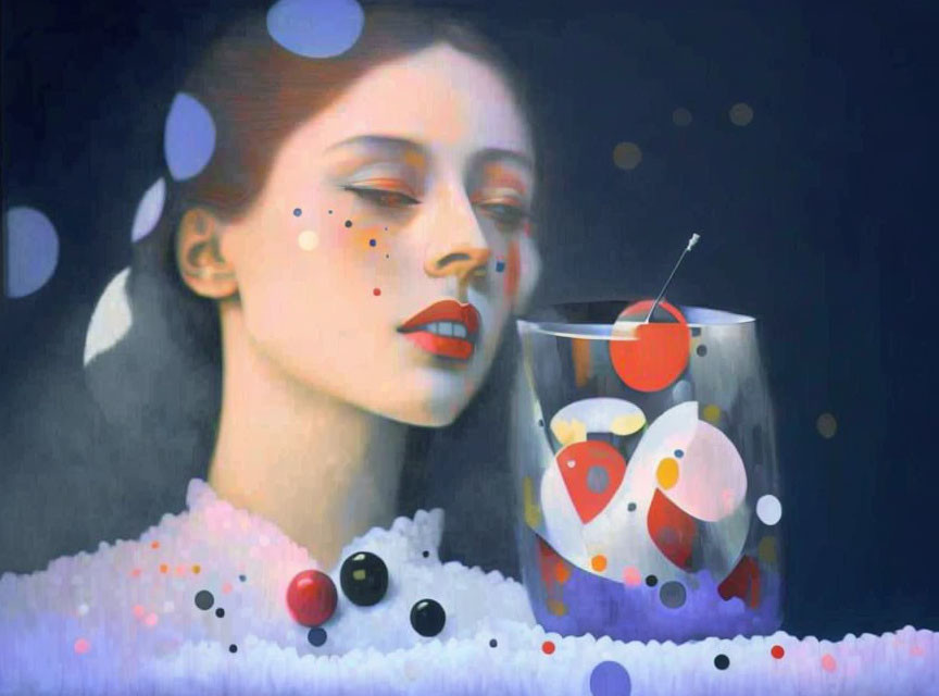 Serene woman with closed eyes behind transparent glass and colorful spheres