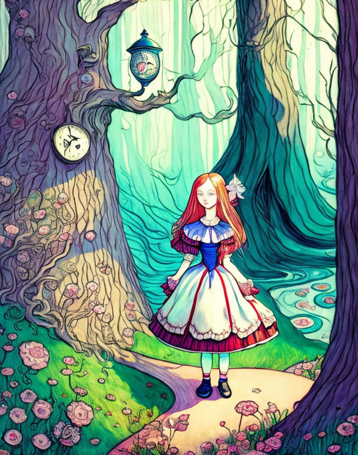 Illustration of red-haired girl in blue dress in enchanted forest with whimsical elements