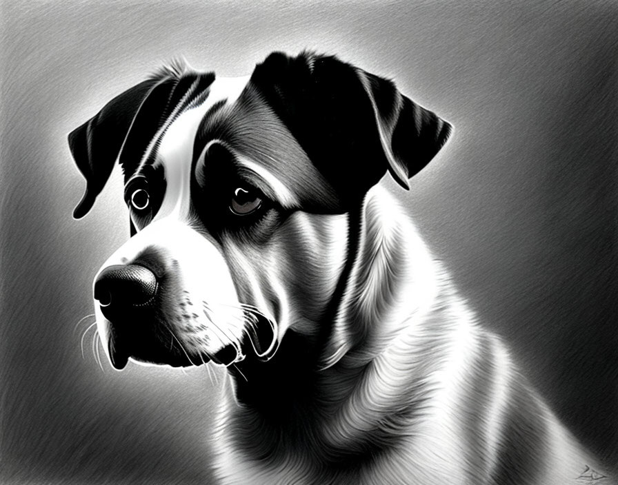 Detailed black and white dog portrait with focused gaze and expressive eyes