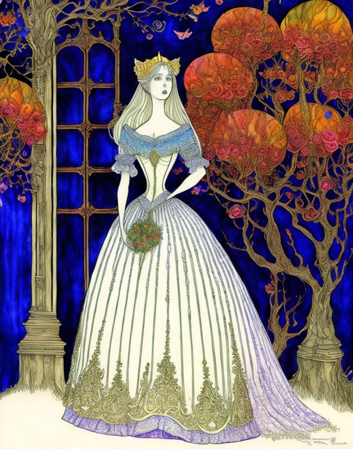 Woman in white and blue gown with crown in mystical forest with orange foliage and dark blue trees