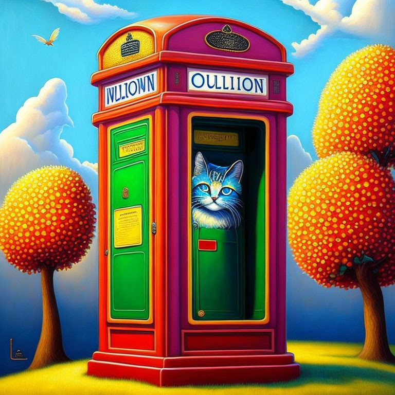 Vibrant red British phone booth with blue cat in whimsical painting