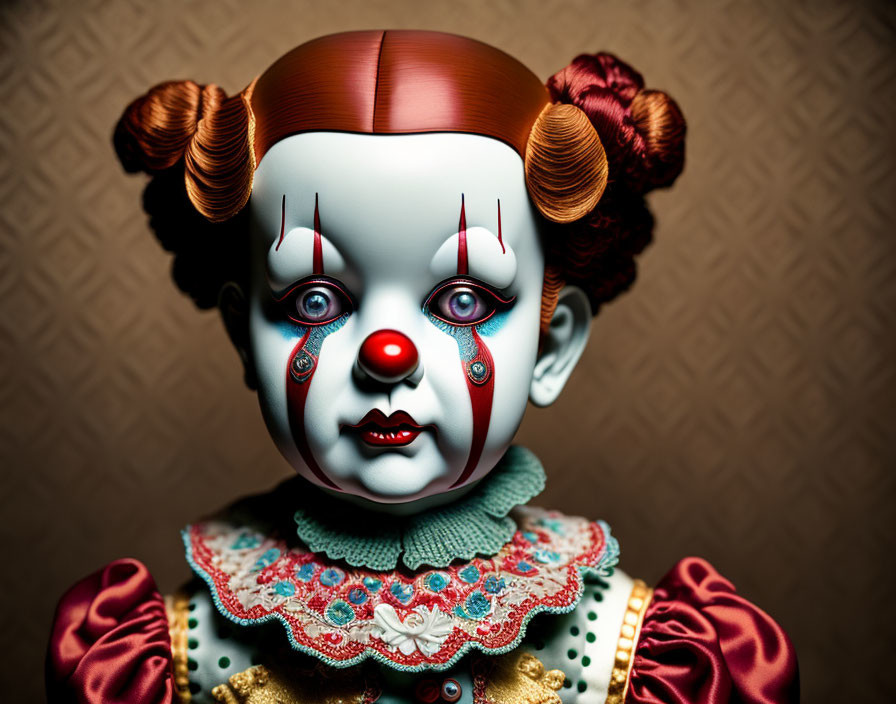 Creepy clown doll with red hair, dramatic makeup, teardrop details, and ornate costume