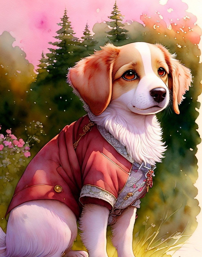 Wide-eyed beagle puppy in pink jacket against greenery