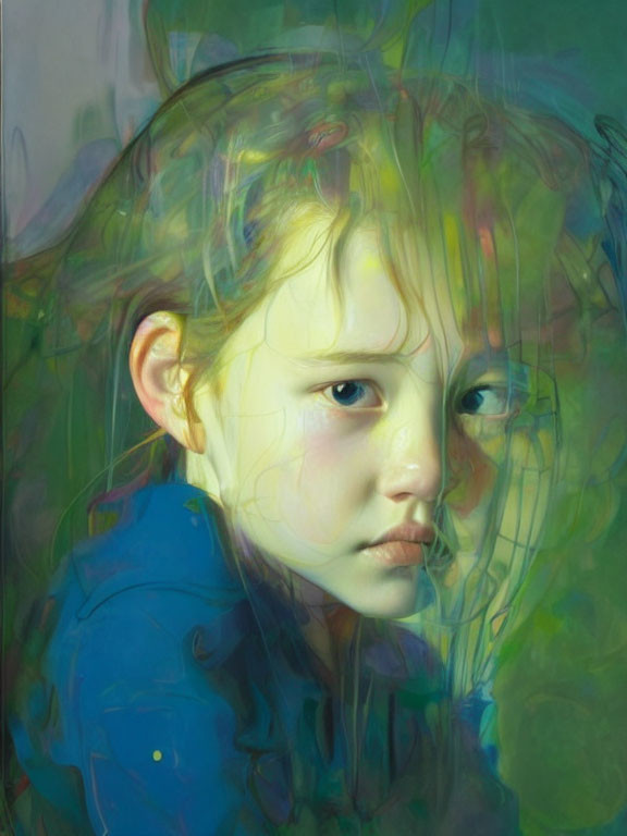 Young girl painting with contemplative expression and abstract green and blue swirls.