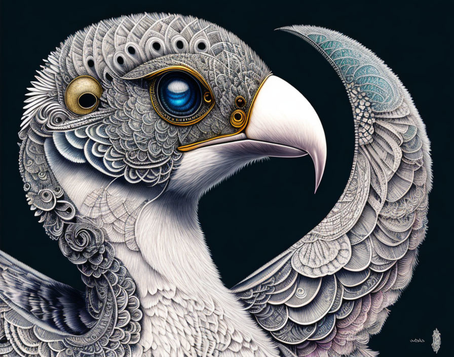 Detailed stylized bird illustration with layered feathers and clockwork elements