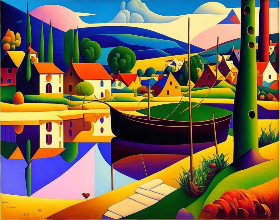 Colorful landscape painting with river, geometric hills, boat, and whimsical houses.