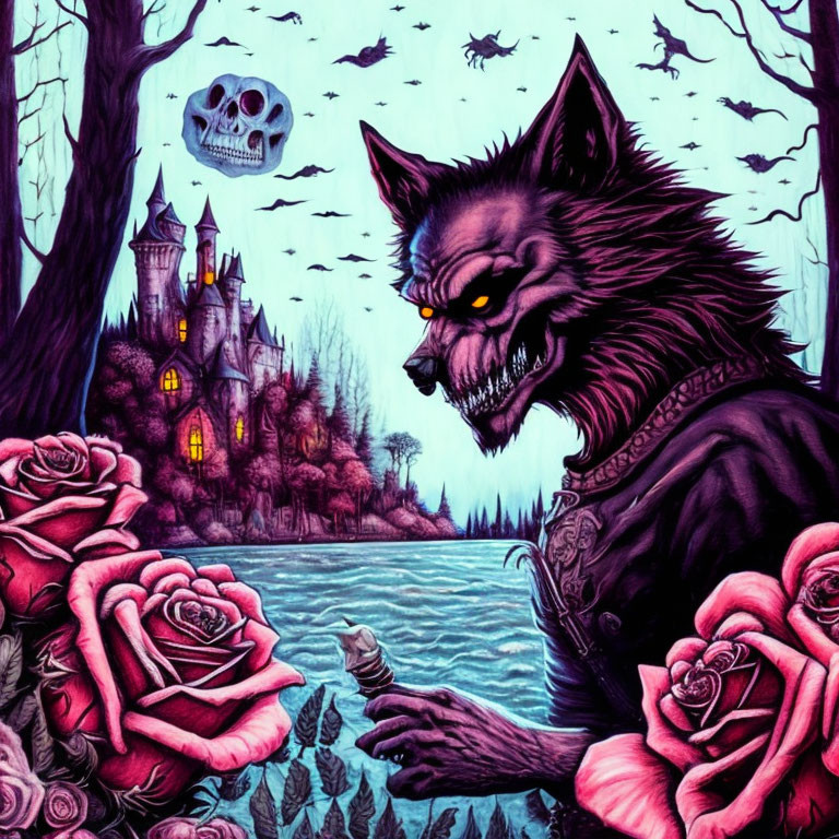 Werewolf surrounded by roses, castle, bats, twilight sky