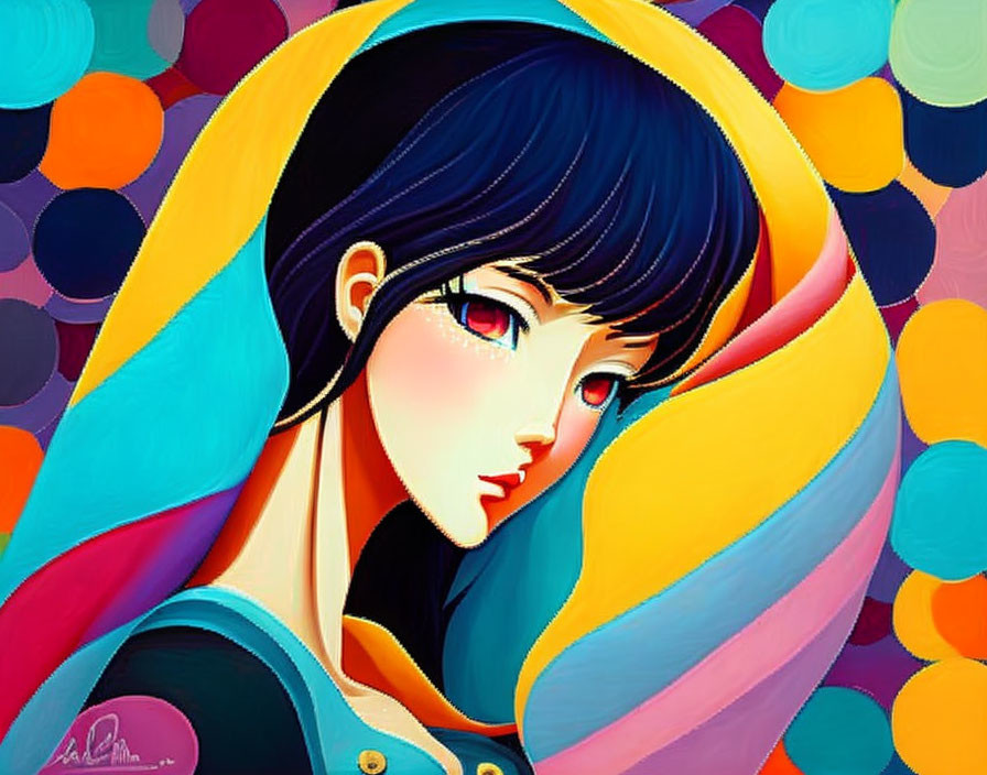 Vibrant illustration of a girl with large eyes and dark hair in rainbow scarf