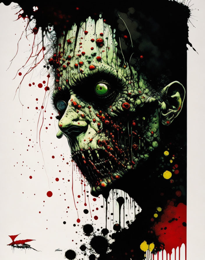 Stylized horror-themed face illustration with green eyes and ink splatters