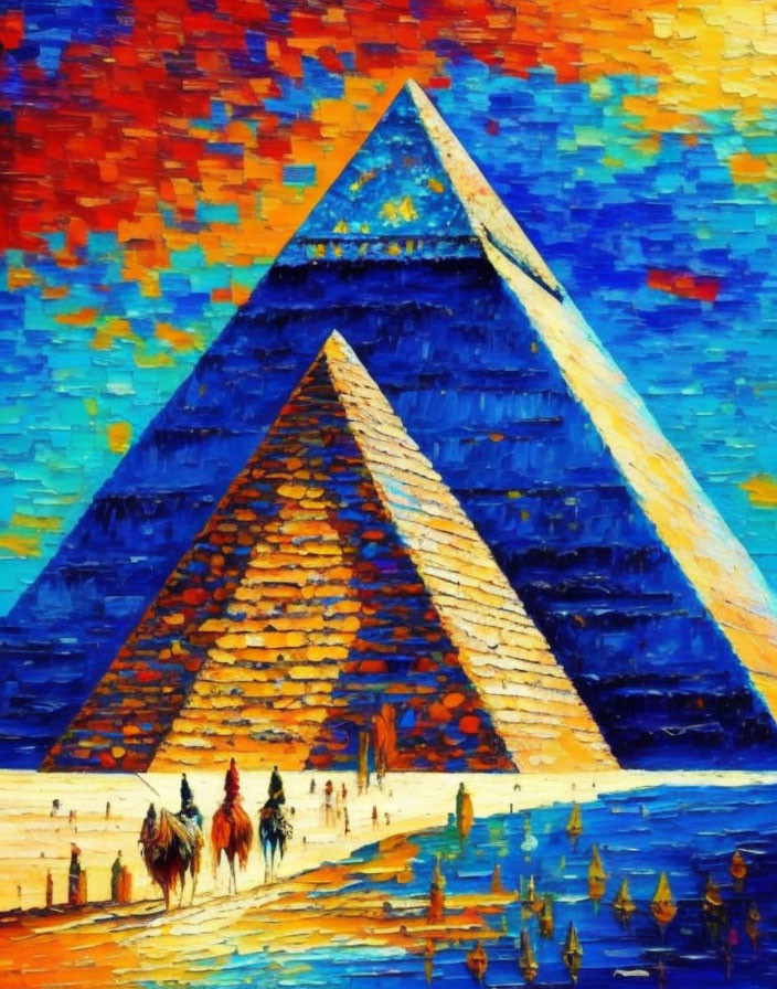 Colorful impressionistic painting of Great Pyramid & camel caravan in vivid setting