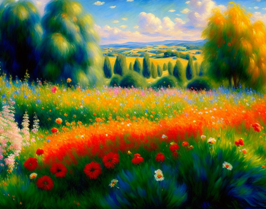 Vibrant painting of blooming flower field, green trees, and rolling hills