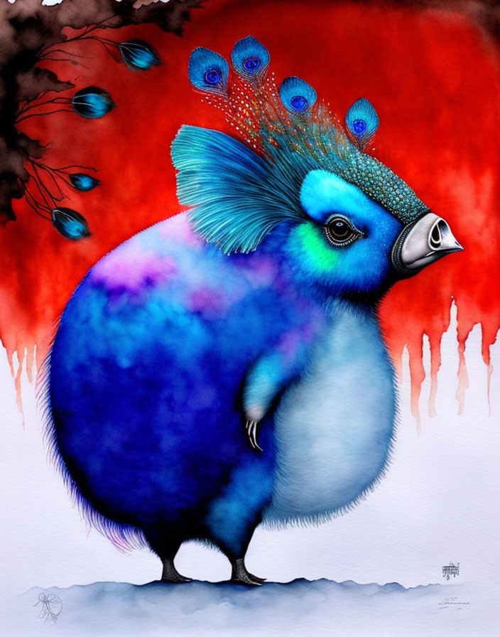 Fantastical blue bird with peacock features on red backdrop