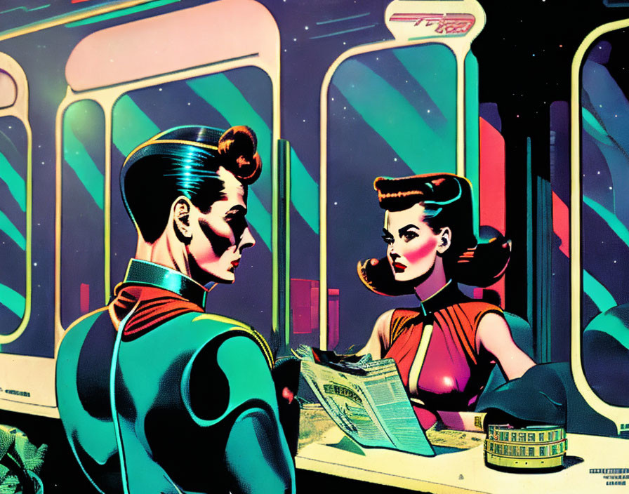 Stylized women in retro-futuristic attire inside spacecraft