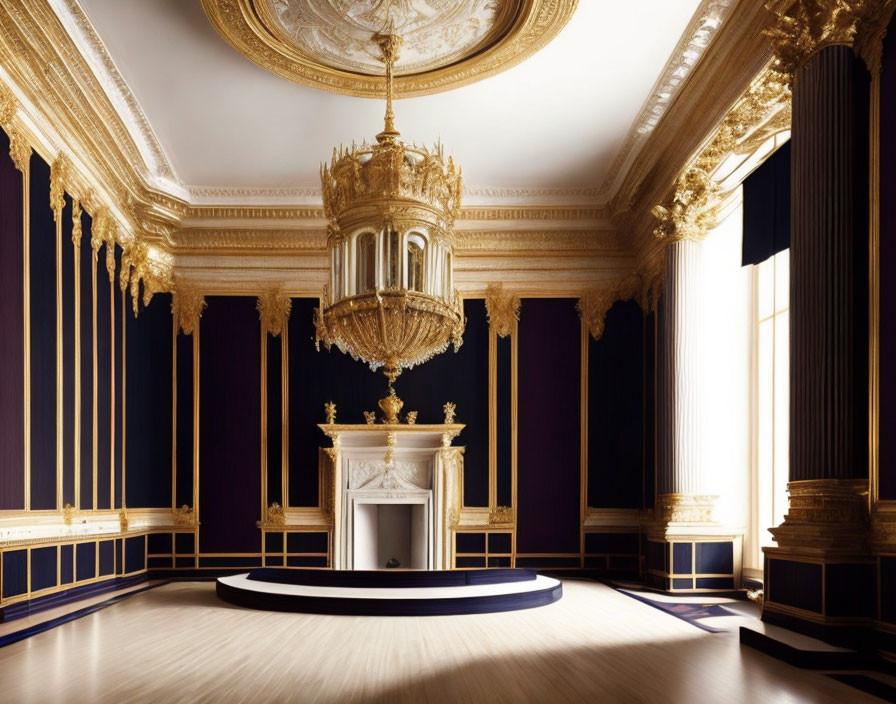 Sophisticated room with deep blue walls, white fireplace, gold accents, chandelier, and fl