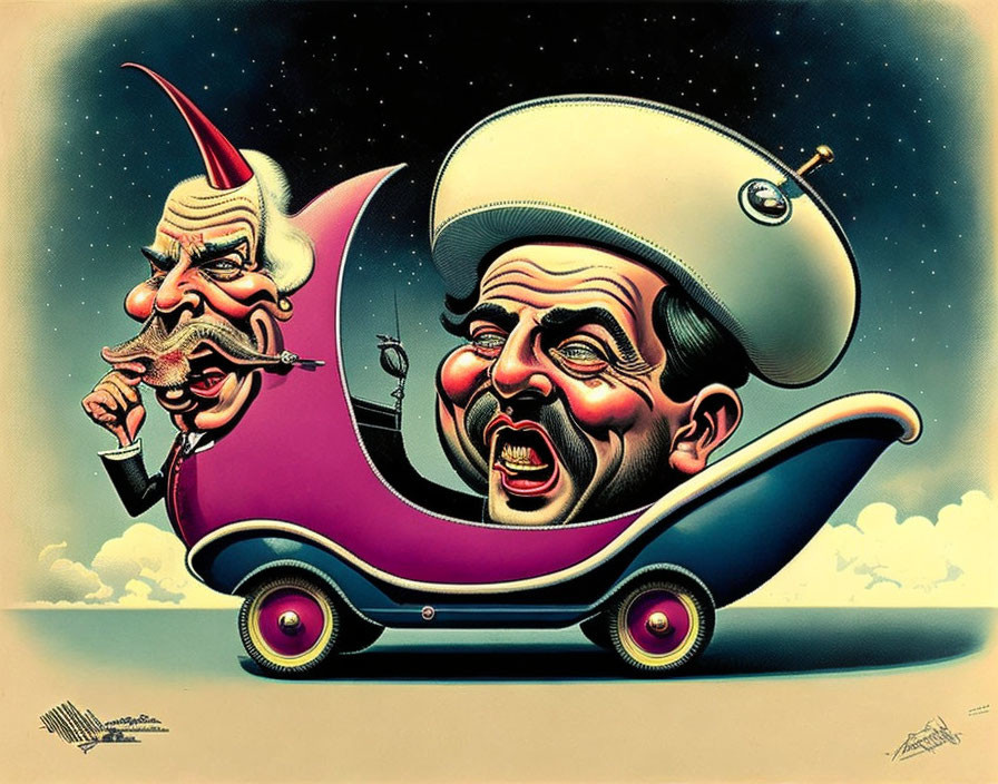 Whimsical caricature artwork of two figures in shoe-shaped vehicle