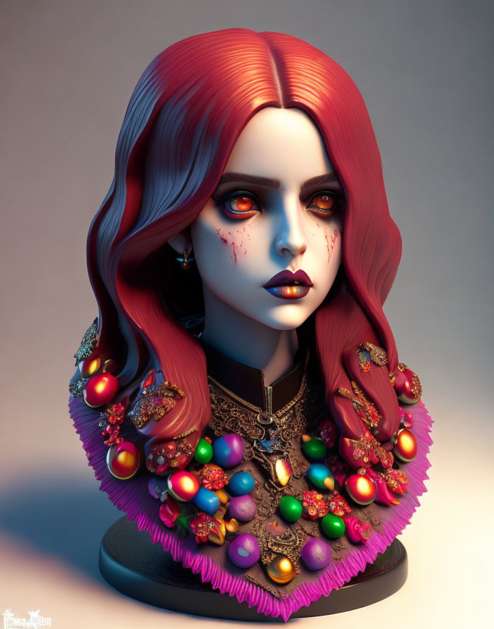 3D illustration of woman with red hair and gothic makeup