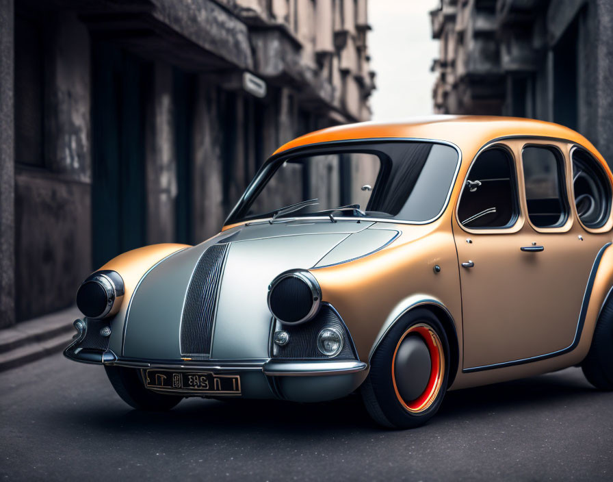 Classic Two-Tone Car with Orange Accents on Cobblestone Street