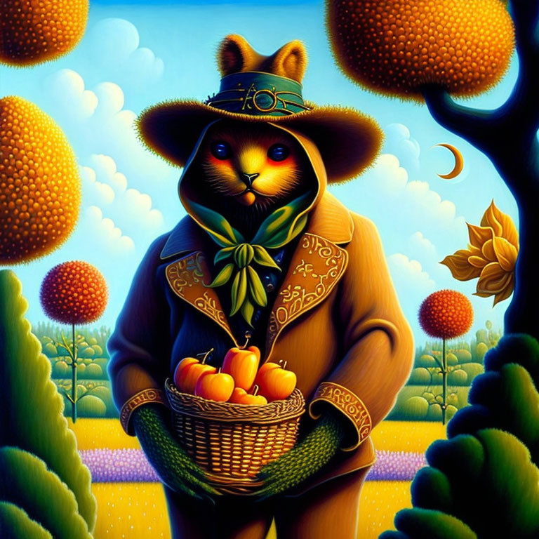 Fox in Hat and Coat with Oranges Among Orange Trees in Moonlit Sky