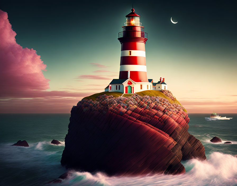 Red and White Striped Lighthouse on Rocky Islet with Ship and Crescent Moon