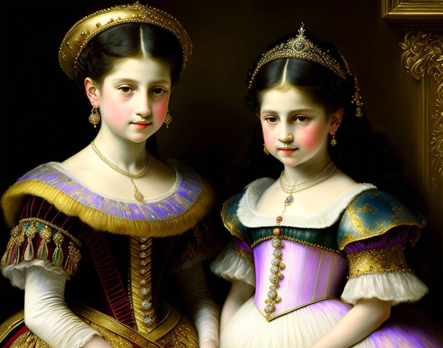 Young girls in Renaissance dresses with jewels, posing elegantly near gilded frame