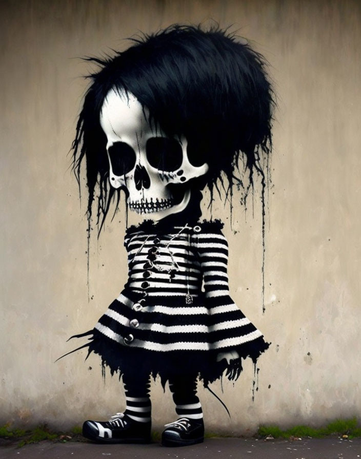 Skeletal figure graffiti with black and white dress on beige wall