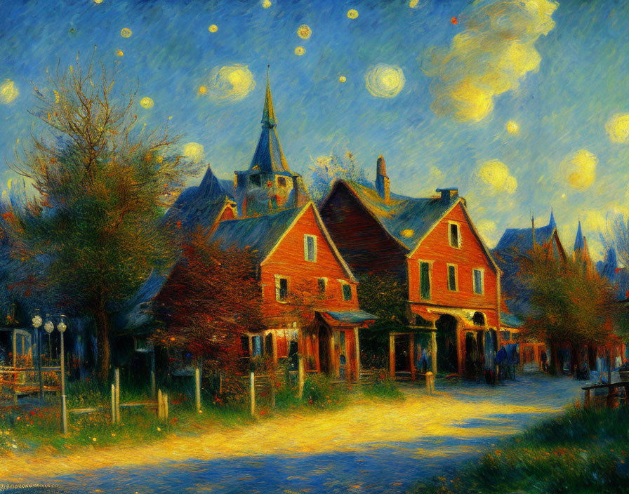 Vibrant impressionist painting of a dusk village scene