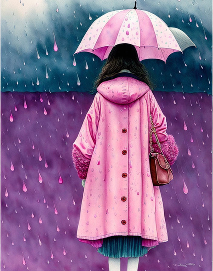 Person in Pink Coat with Matching Umbrella in Rainstorm