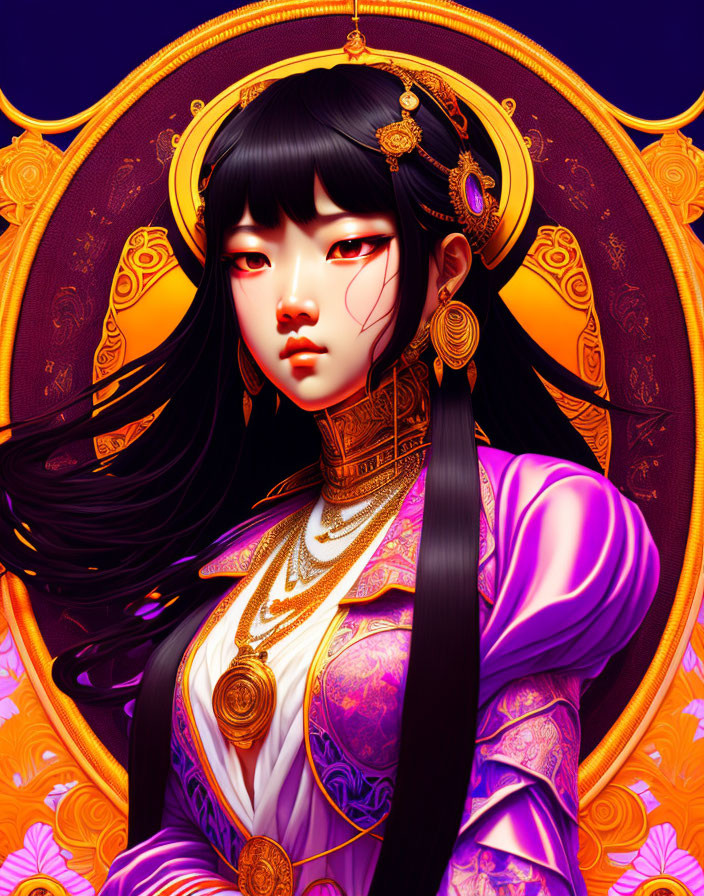 Dark-haired woman in traditional attire on ornate orange backdrop