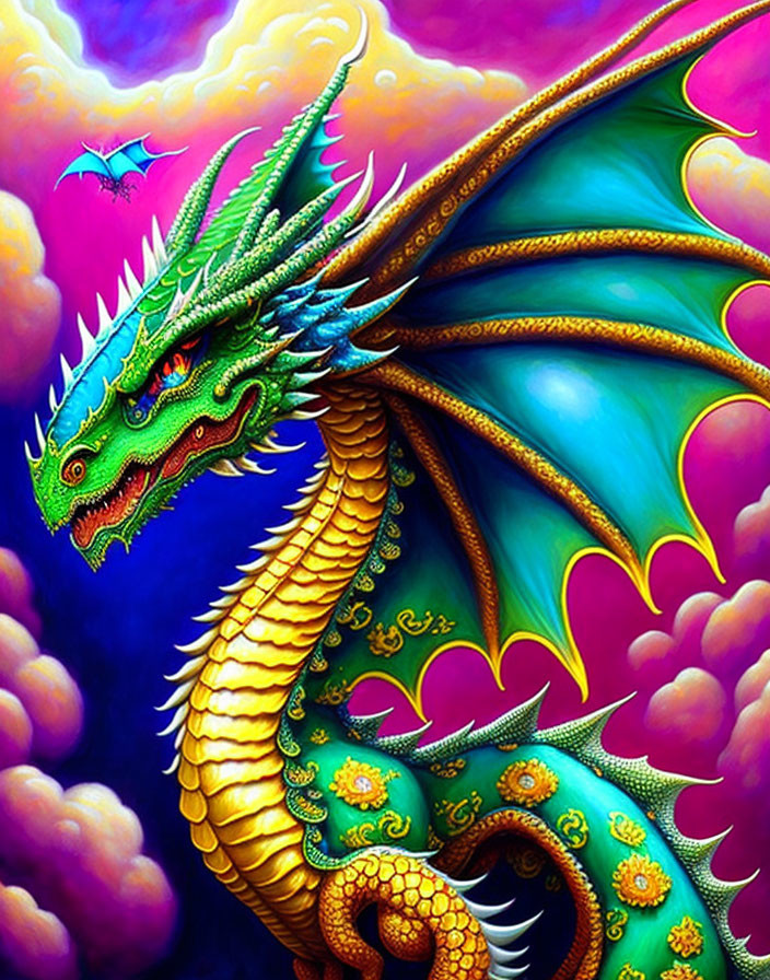 Colorful Dragon Artwork Against Whimsical Sky Background