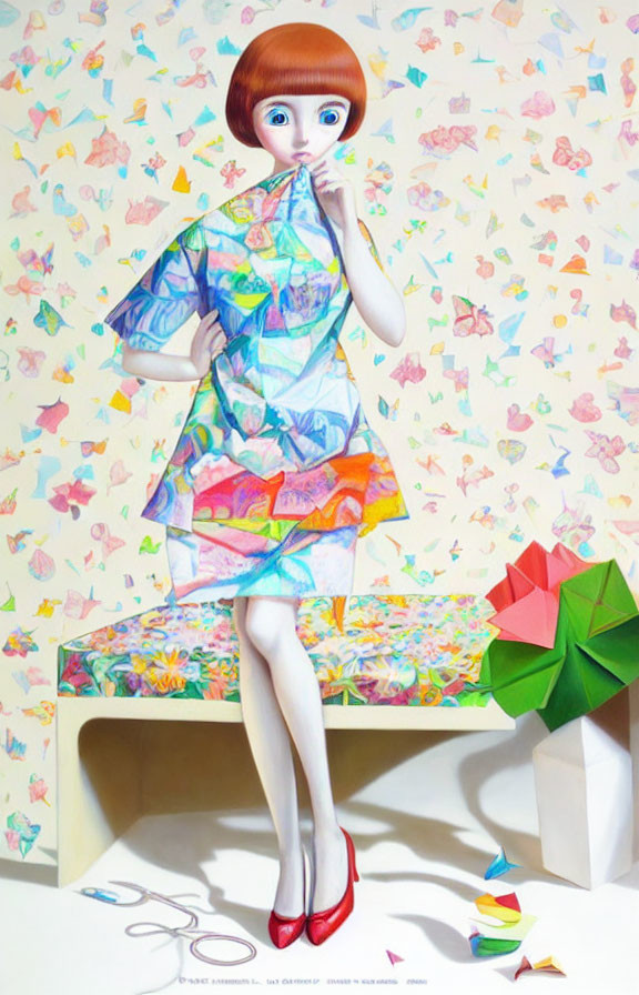 Illustrated female character with oversized eyes and bob haircut in colorful room holding patterned paper dress