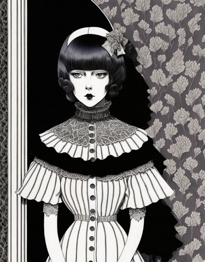 Monochrome Victorian dress illustration with lace details