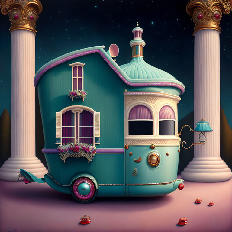 Whimsical pastel-colored caravan under starry sky with domed roof and ornate details