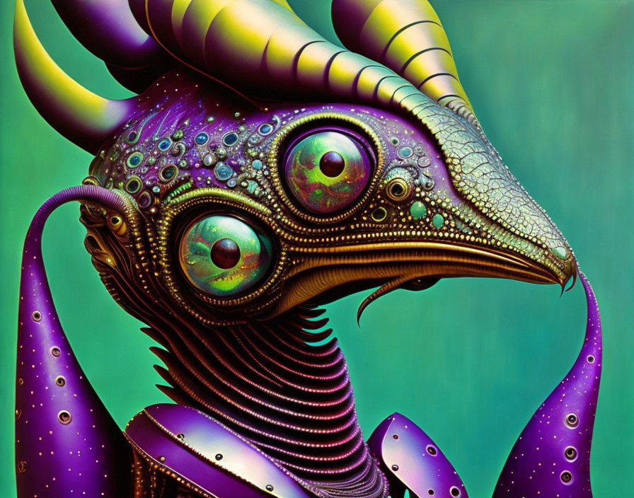 Colorful surreal creature with green eyes, horns, and intricate patterns