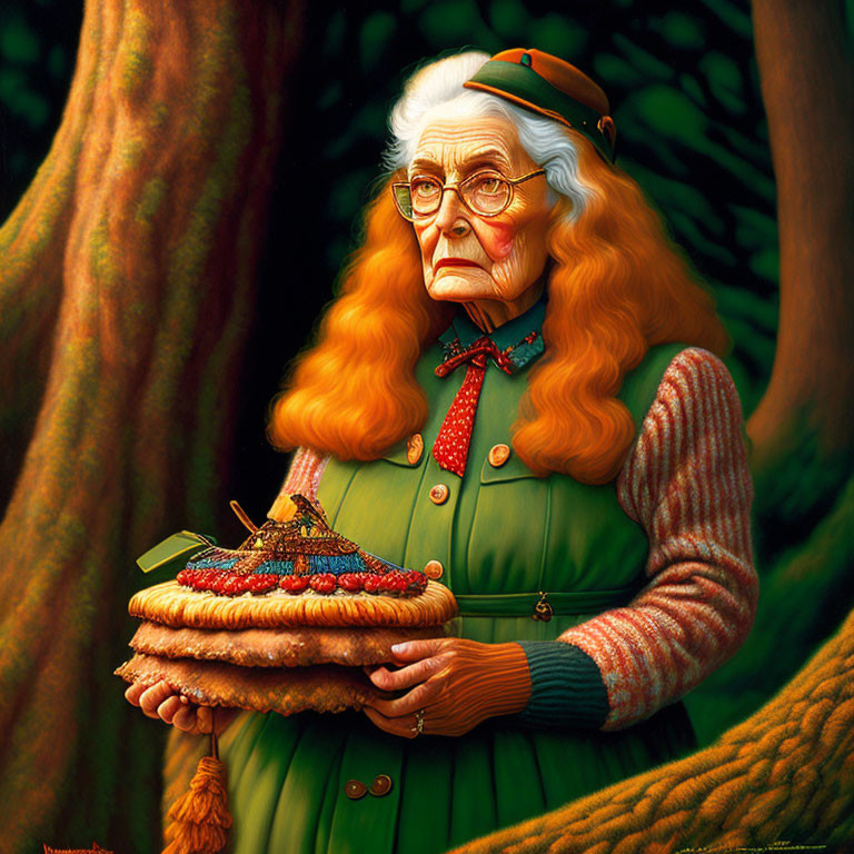 Elderly woman in green dress and hat holding basket of red berries