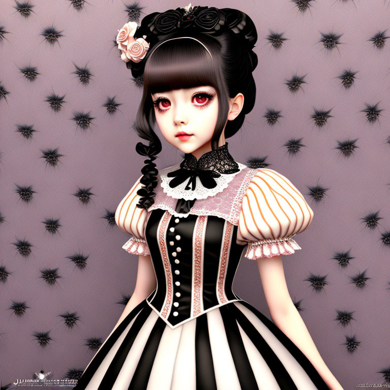 Illustration of doll-like girl in Gothic Lolita fashion on pink background.