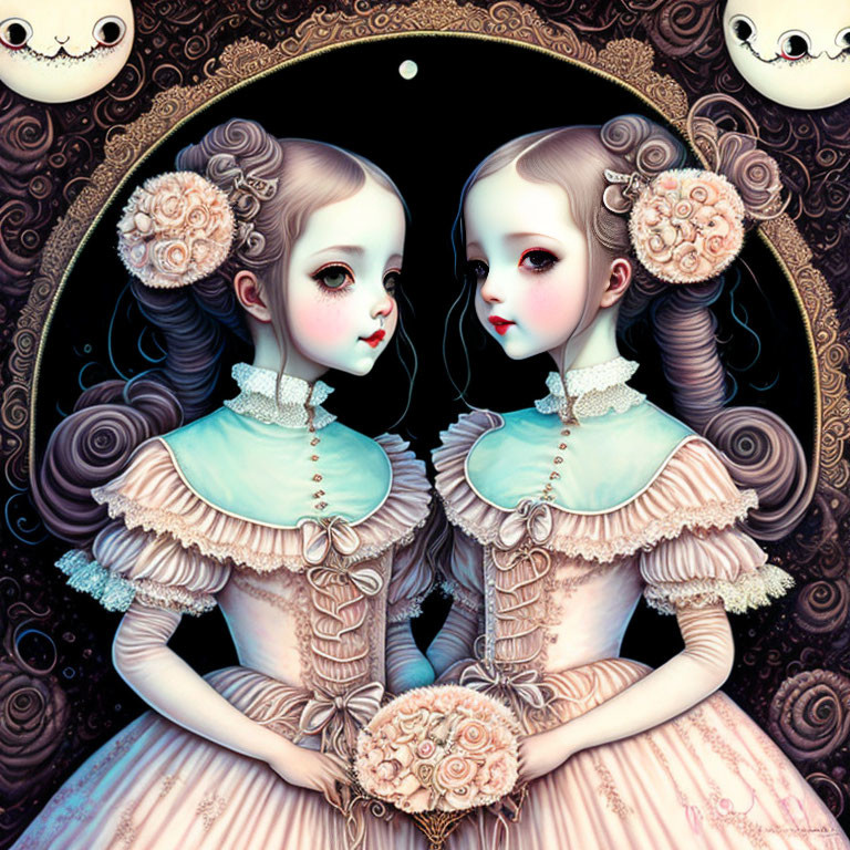 Identical Pale Girls in Victorian Dresses with Floral Motifs