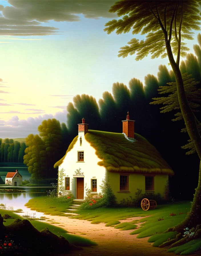 Thatched Cottage by Serene Lake with Chimneys & Cartwheel